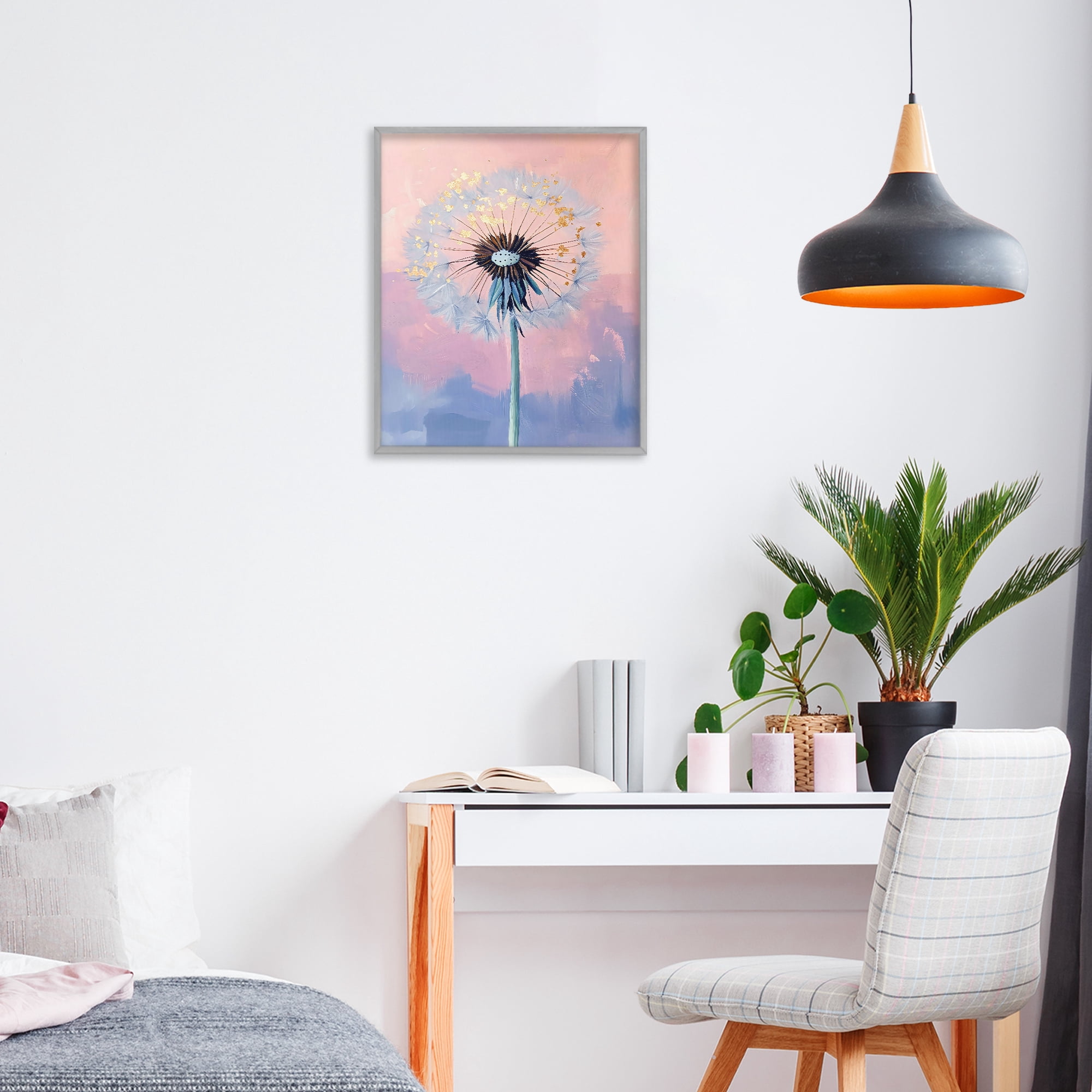 Stupell Industries Pastel Dandelion with Gold Seeds Gray Framed Giclee Art, design by The Prints Vibe