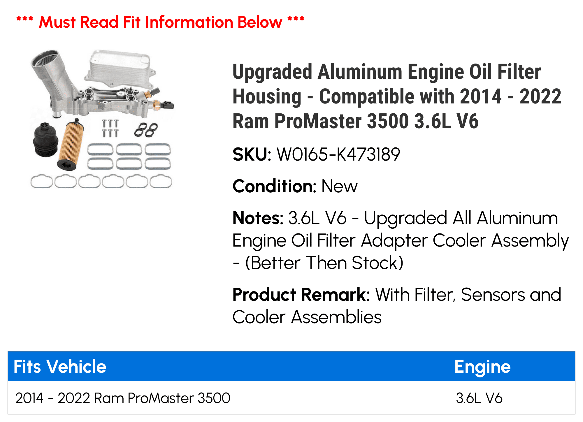 Upgraded Aluminum Engine Oil Filter Housing - Compatible with 2014 - 2022 Ram ProMaster 3500 3.6L V6 2015 2016 2017 2018 2019 2020 2021