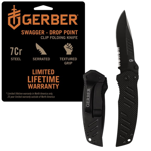 Gerber Swagger Knife, Serrated Edge in Black, G-10 Handle