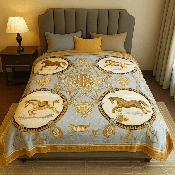 DBOZE Thick Warm Korean Mink Blanket King Size, 2 Ply Reversible Velvet Fleece with Horse Design, Ultra Soft Cozy Winter Bed Throw, Luxury Blue Gold