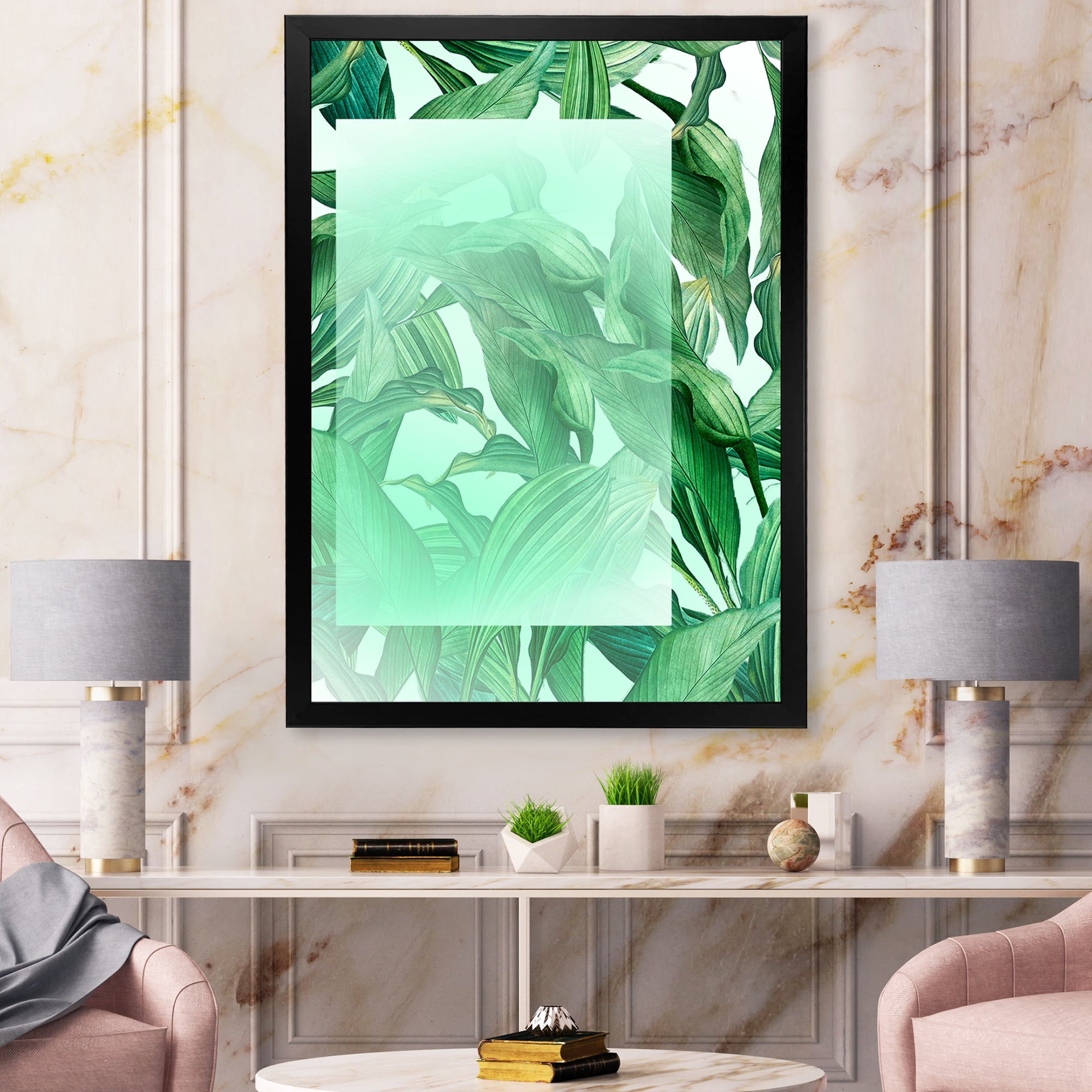 Designart 'Tropical Palm Green Leaves Under White Rectangle' Nautical & Coastal Framed Art Print