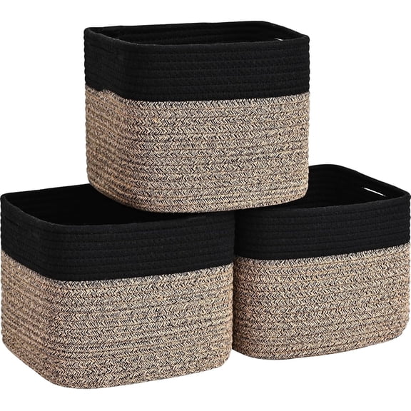 Natubeau 3 Pack Woven Storage Basket, 9"x9"x7" Cotton Rope Woven Baskets for Organizing, Cube Storage Bins for Shelves, Black & Brown