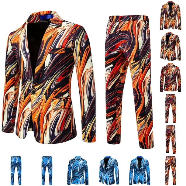 RKSTN Tuxedo Suits for Men 2PC Lapel Single Breasted Button Printed Dress Suit Sets Men's Turndown Regular Fits Floral Print Blazers and Pant 2 Piece Set Wedding Business Performance Prom Dress Set