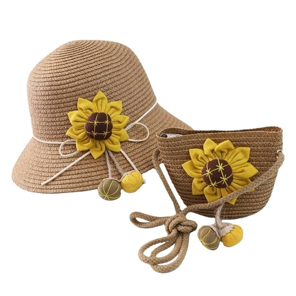Conjunto de sombrero y bolso de paja para niñas Sombreros para fiestas de té para niñas Monederos Gorras de vestir Bolsos Regalo para cumpleaños Verano Playa Viajes