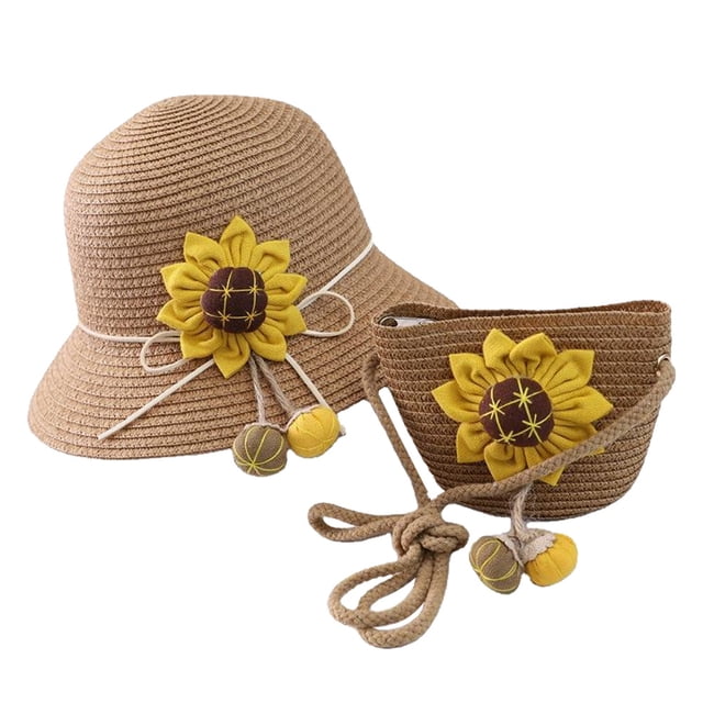 Conjunto de sombrero y bolso de paja para niñas, sombreros de fiesta de té para niñas, bolsos, gorras de vestir, bolsas, regalo para cumpleaños, verano, viajes en la playa
