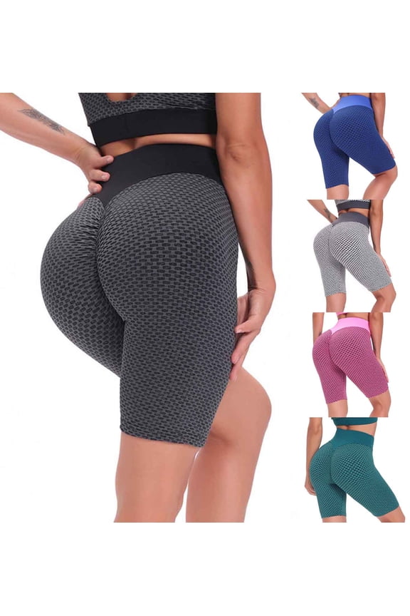 Women's Yoga Leggings Shorts Honeycomb Sports Shorts Fashion High Waist Stretch Slim Fit Bottoms Gray L