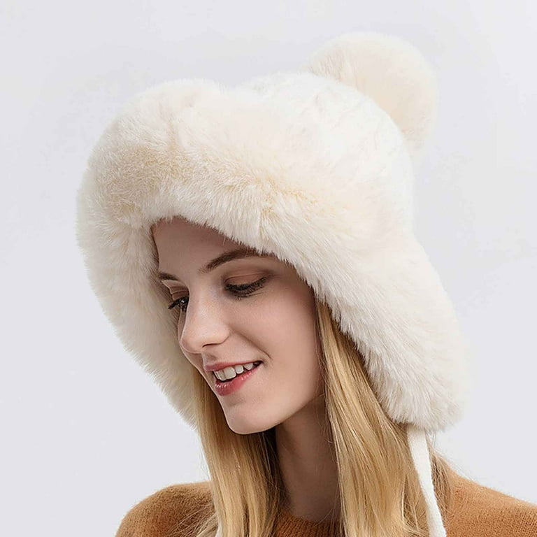 Dorkasm Womens Trendy Faux Fur Beanie Hat Cool Fashion Fleece Lined Winter  Pom Pom Snow Skull Cap Winter Soft Crochet for Teen Girls White 