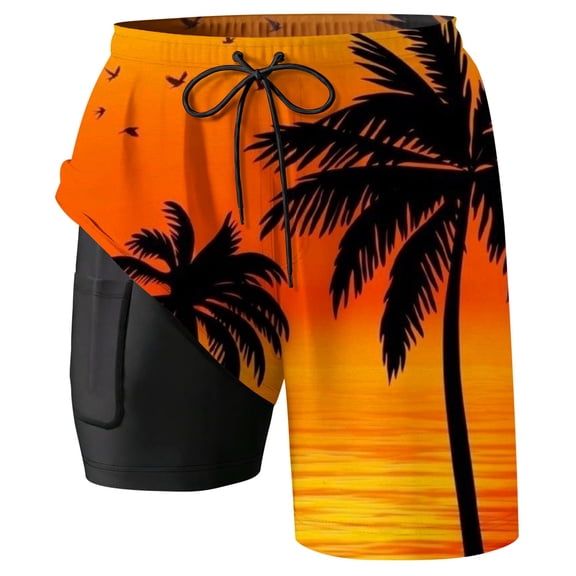 FINALGANG Men's Beach Shorts Summer Tropical Tree Print Double-Layer Swim Trunks Elastic Drawstring Waist Quick Dry Board Shorts For Beach Vacation Wear? Stylish Bottoms Orange 5XL