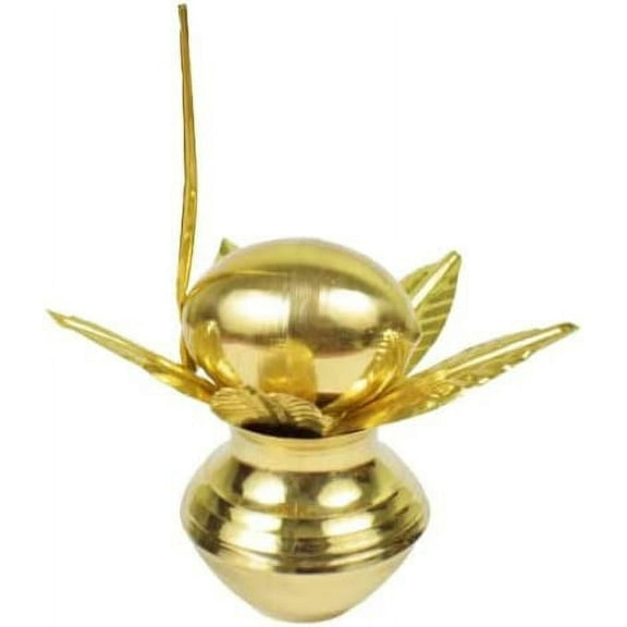 Brass Mangal Kalash, Nariyal & Mango Leaf/Aam Patta Set for Pooja (Approx. Height 4.5 Inches)