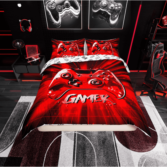 Erosebridal Video Game Comforter Cover Twin,Black Red Bedding Twin Size,Geometric Plaid Duvet Cover Twin,Breathable Gamer Room Decorative,Reversible,2-Piece(No Comforter)