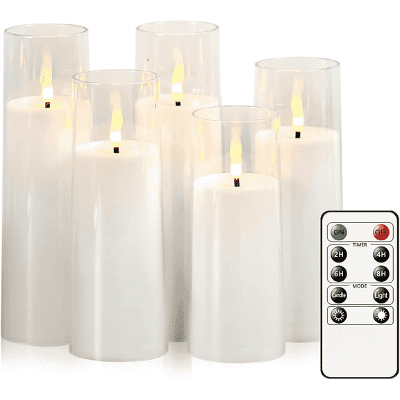 Flameless LED Candles,Flickering Flameless Single Battery Candles,Plastic Candles with Remote Control and Timer for Festivals Home Decorations 5 Packs D2.3 xH 5" 6" 6" 7" 7"(White)
