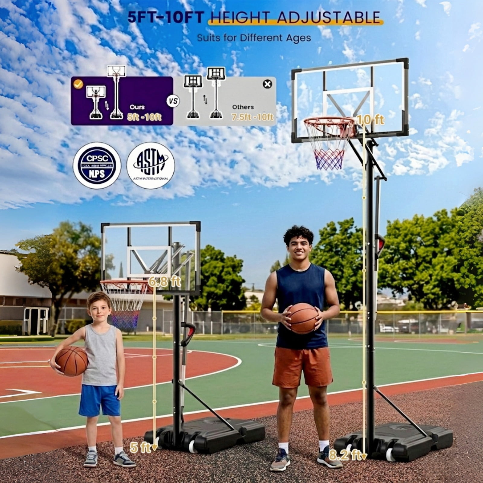 Bexfil Portable Basketball Hoop System,  44" Shatterproof Backboard, Adjustable Height 5-10FT, Outdoor Indoor Basketball Goal with Wheels & Weight Bag for Kids Teens Adults