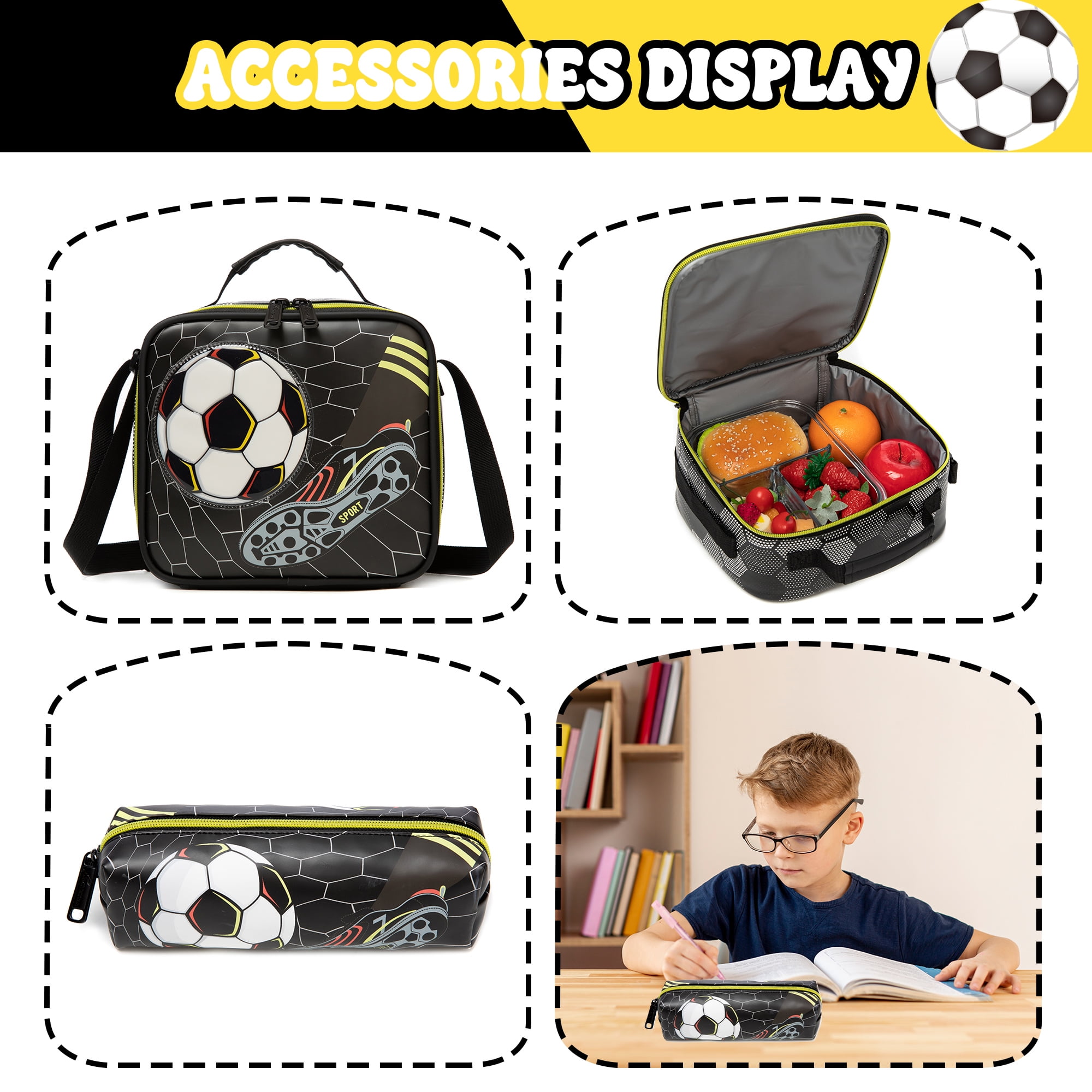 Boys Roling School Backpack with Wheels 3-Piece Wheeled Kids Backpacks with Lunch Box Pen Bag for Pupil Luggage Ages 6-12 Black Soccer