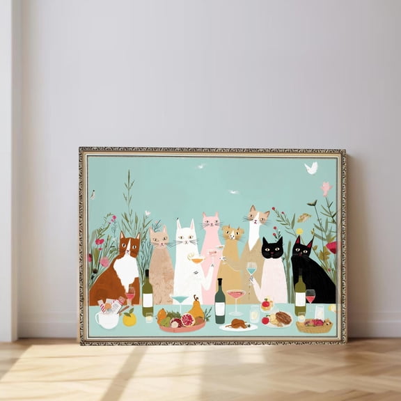 Whimsical Cat Party Print, Dining Room Wall Art Home Decor #1096, Unframed Poster Size 8x12