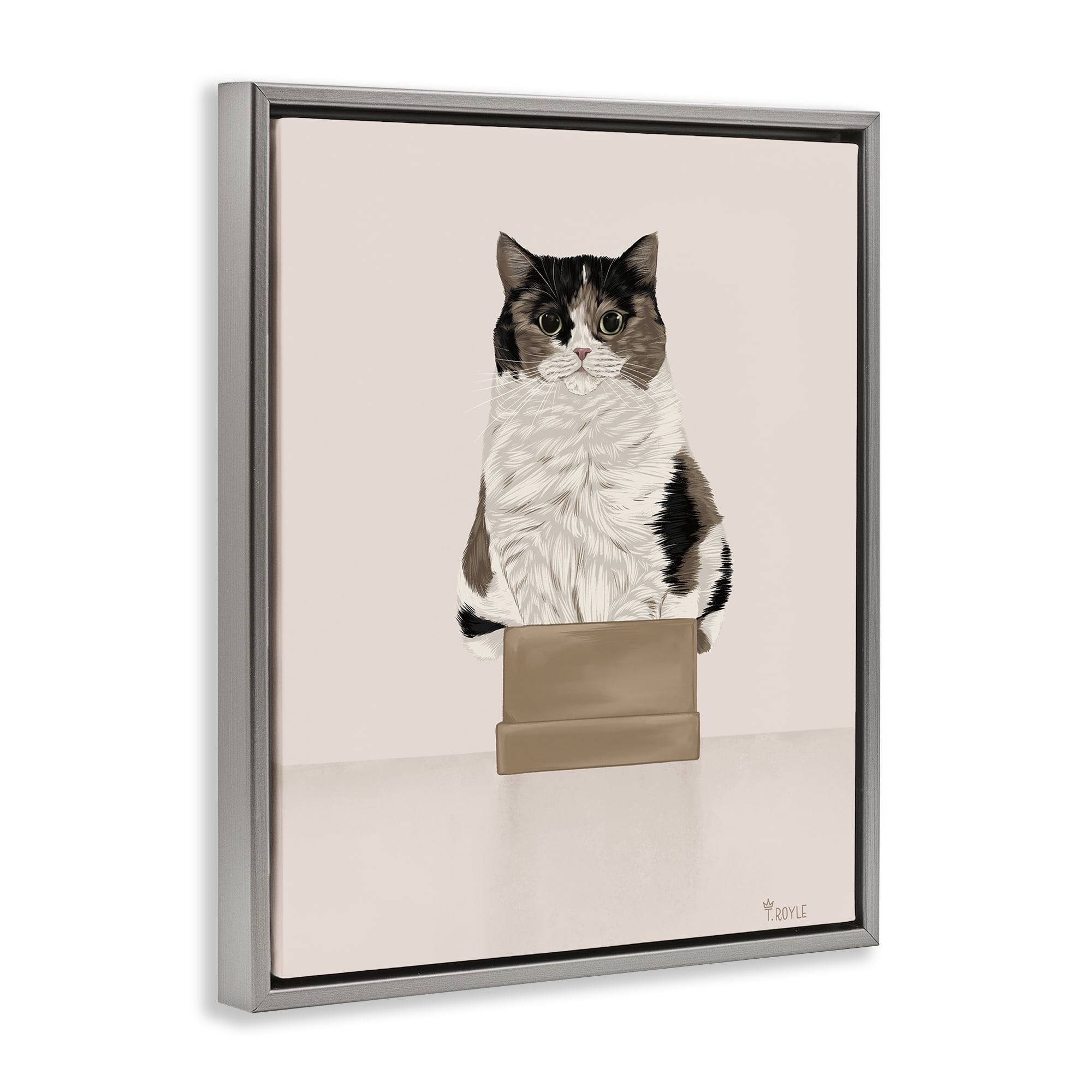 Stupell Industries Cat in Cardboard Box Animals & Insects Painting Gray Floater Framed Canvas Art Print Wall Art, 17 x 21