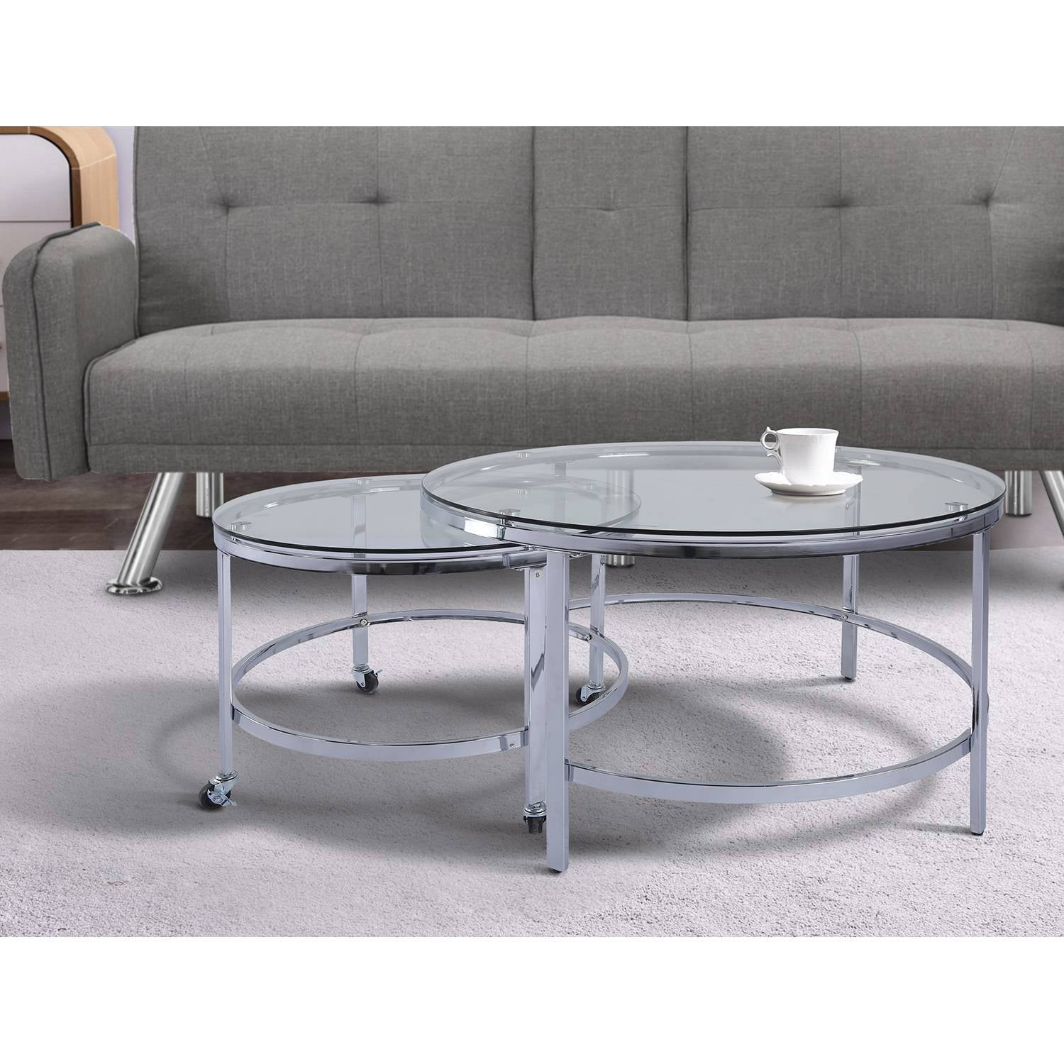 Kepooman Set of 2 Glass Nesting Table for Living Room, Round Side Table on Casters, Silver Kepooman Set of 2 Glass Nesting Table for Living Room, Round Side Table on Casters, Silver