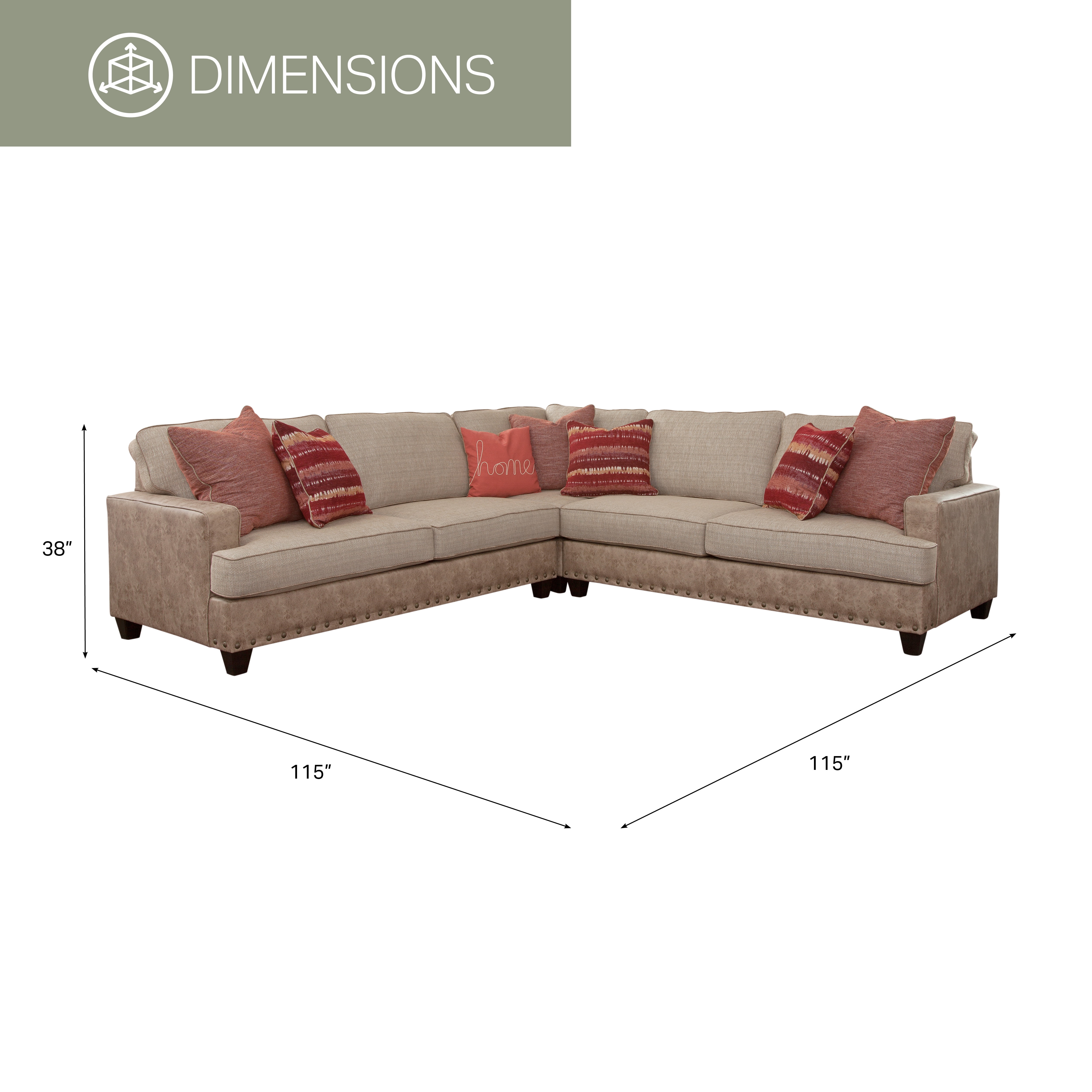 American Furniture Classics Model 8-012-A76V8-K Transitional Track Arm Beige and Brown Three Piece L-Shaped Sectional Sofa with Seven Throw Pillows
