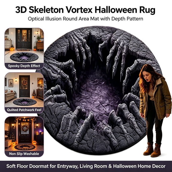 3D Skeleton Vortex Halloween Illusional Rug - Optical Illusion Round Area Mat with Depth Pattern, Quilted Patchwork Floor Decor, Soft Non Slip Washable Doormat, Spooky Home Decoration, 15.75 Inch