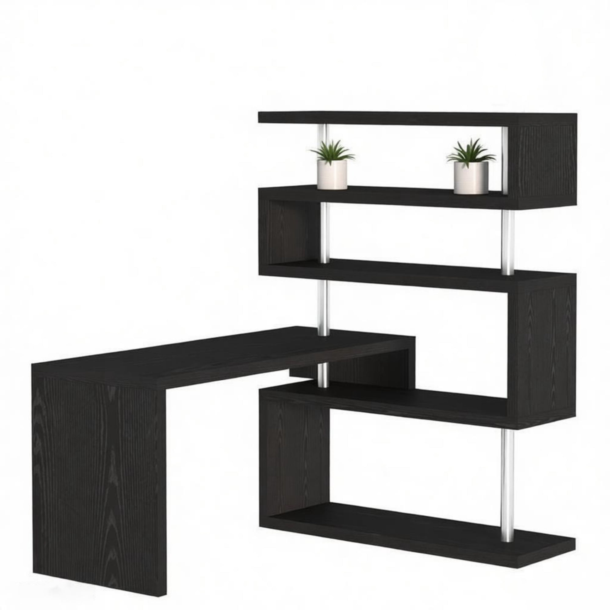 94" 5-Tier L-Shaped Computer Desk with Rotating Writing Table Corner Desk with Display Shelves And Stainless Steel Frame, Black