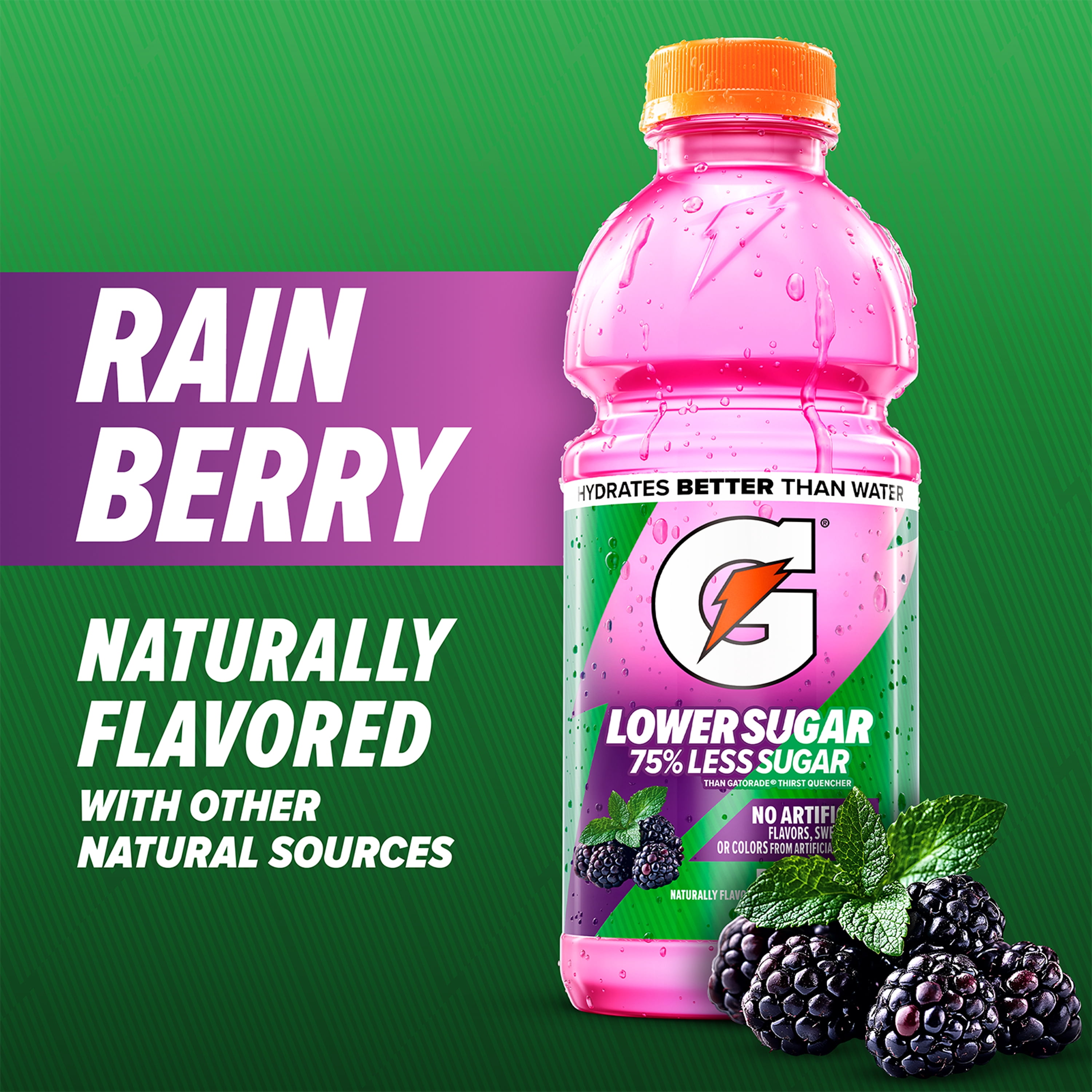 Gatorade Lower Sugar, No Artificials Rain Berry Flavored Electrolyte Sports Drink, 12 fl oz Bottle, (12 pack), 75% Less Sugar, Hydration