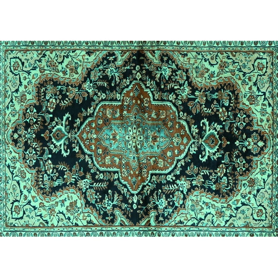 Ahgly Company Machine Washable Indoor Rectangle Medallion Turquoise Blue Traditional Area Rugs, 4' x 6'