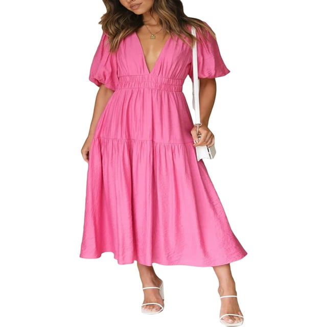 AMERTEER Femmes Profonde V Maxi Robe d'Été Casual Manches Courtes Plissée à la Taille Haute LongBeach Flowy Robes