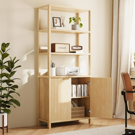 Ktaxon Fluted 6-Tier Bookshelf, 71" Modern Sturdy Bookcase with Storage Cabinet, Oak