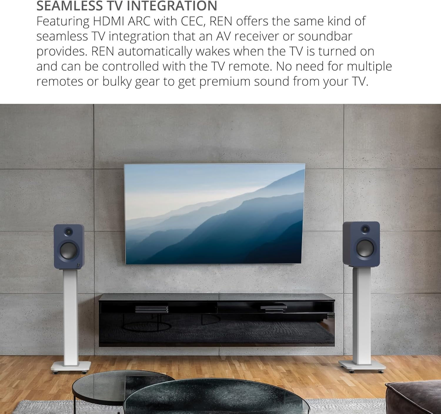 Kanto REN BLUE Bluetooth Powered Bookshelf Speakers - Matte Blue Pair with Kanto SP32PLW 32" Fixed-Height Stands for Bookshelf Speakers - White Pair (2024)