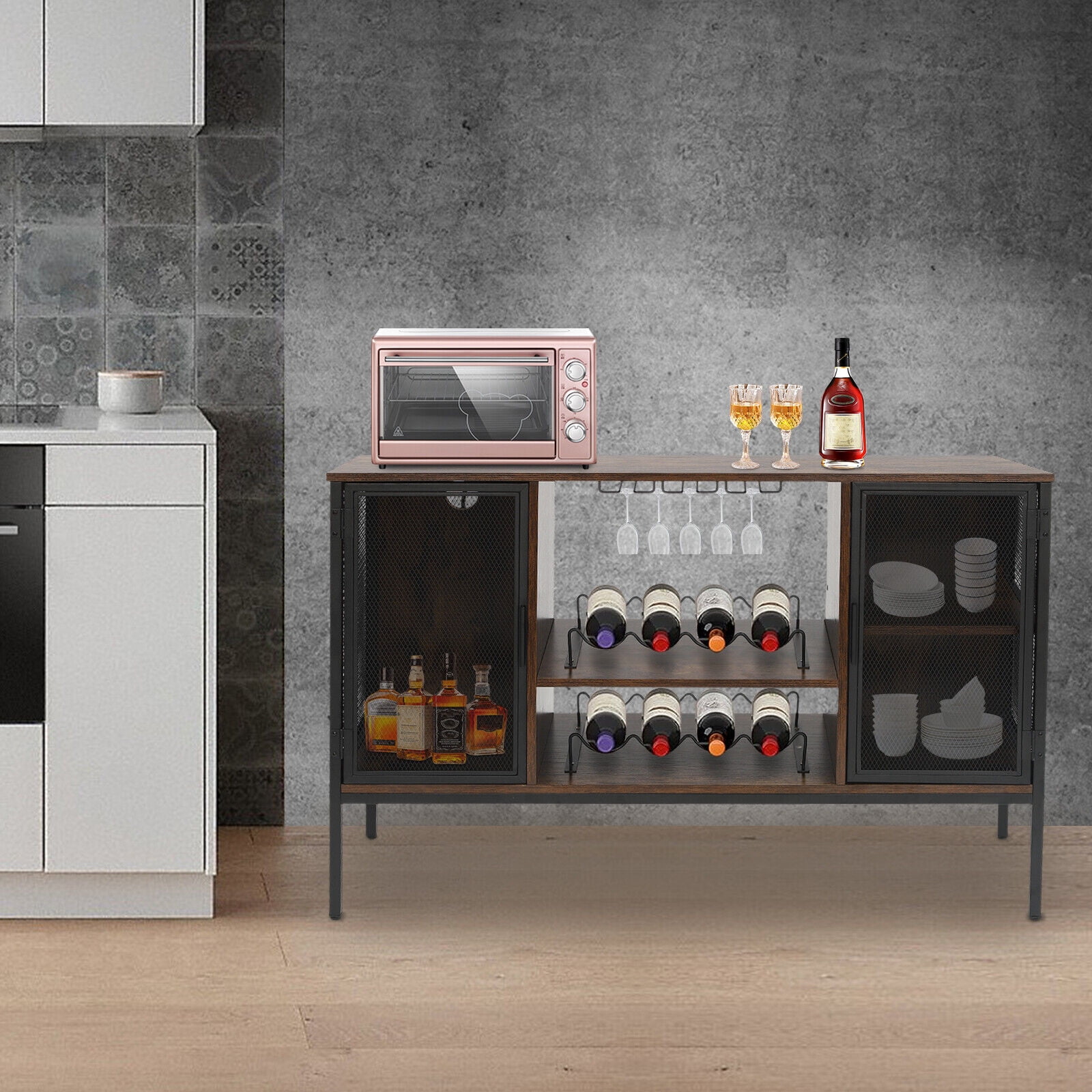 Industrial Wine Bar Cabinet, Coffee Bar Cabinet W/ Wine Rack Glass Holder, Brown Sideboard & Buffet Cabinet Multi-Function Rustic Coffee Bar & Liquor Storage Cabinet