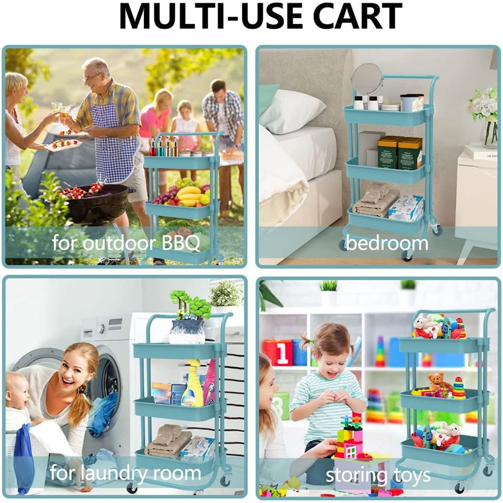 Kadyn 3 Tier Utility Carts with Lockable Wheels, Metal Rolling Cart with Handle, Storage Organizer Trolley Cart for Bathroom, Blue Kadyn 3 Tier Utility Carts with Lockable Wheels, Metal Rolling Cart with Handle, Storage Organizer Trolley Cart for Bathroom, Blue