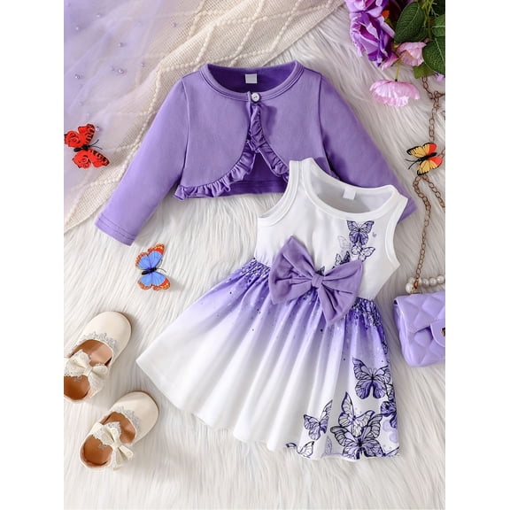 ZEHJUHAN Baby Girls 2-Piece Outfit Long Sleeve Lace Trim Top and 3D Bow Decor Plicated Dress Holiday Wear Purple,9-12M
