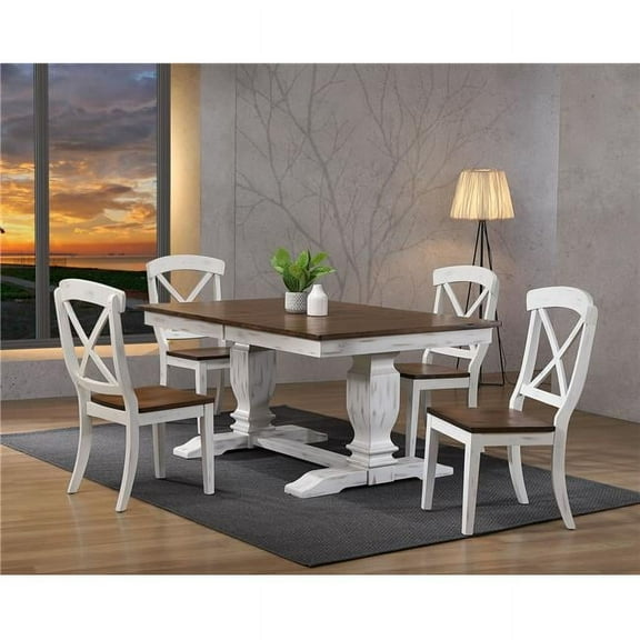 42 x 64 x 82 in. Double Pedestal Transitional X-Back Chair Dining Set with Distressed Cocoa Brown & Cotton White - 5 Piece