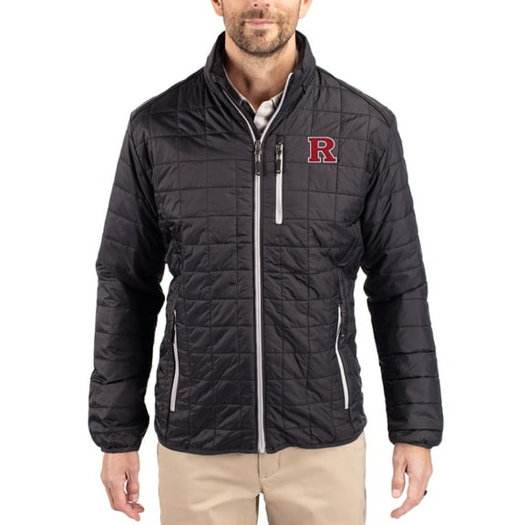 Men's-Cutter & Buck Black Rutgers Scarlet Knights Rainier Eco Insulated PrimaLoft Full-Zip Puffer Jacket