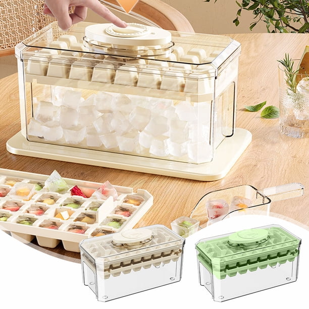 Bandeja de Hielo de 64 Rejillas con Tapa y Depósito - Molde para Hacer Cubitos de Hielo de Gran Capacidad, Fácil de Desmoldar, Incluye Pala para Hielo, para Refrigerador y Congelador, Color Blanco o