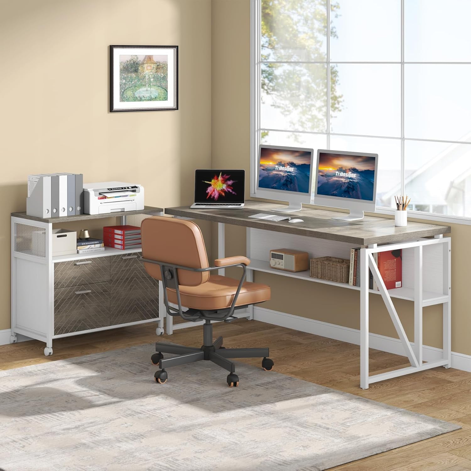 Tribesigns Modern File Cabinet with Drawers and Storage Shelves, Cabinet with Door, Rolling Caster (Gray & White)