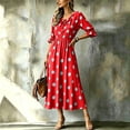 thumbnail image 4 of Dolkfu Red Women Clothing Waist Cinched Keyhole Neck 3/4 Sleeve Long-Length Fit & Flare Dresses Polka Dot Modern Vacation Relaxed Fit Dresses Wine,S, 4 of 5