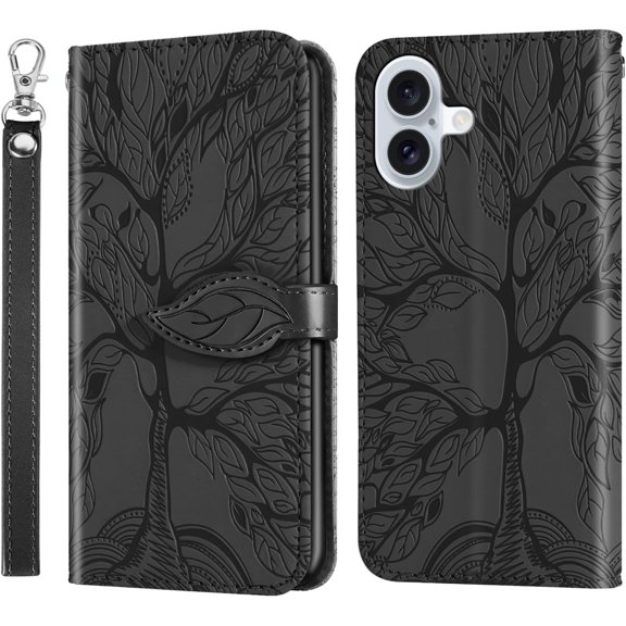 Wallet Case for iPhone 16 Plus Case Women Leather Flip with Wrist Strap Magnetic with Card Holder Adjustable Stand Protective Case for iPhone 16 Plus 6.7 inch Life Tree Black