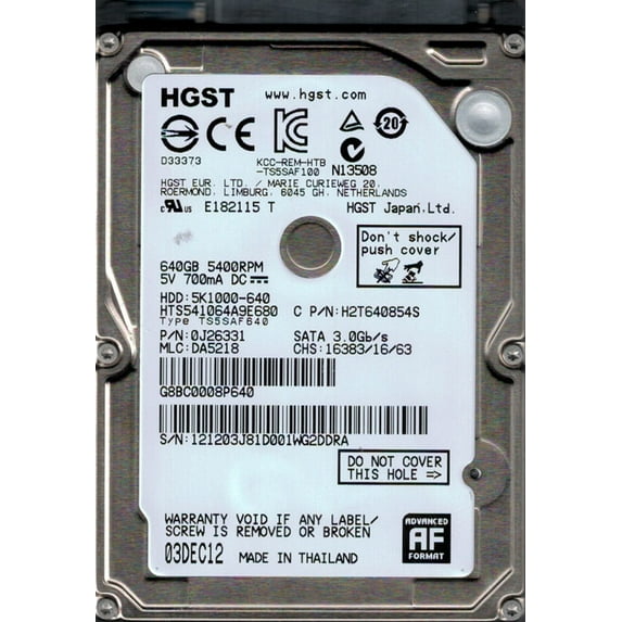 HTS541064A9E680 P/N: 0J26331 MLC: DA5218 HGST 1TB