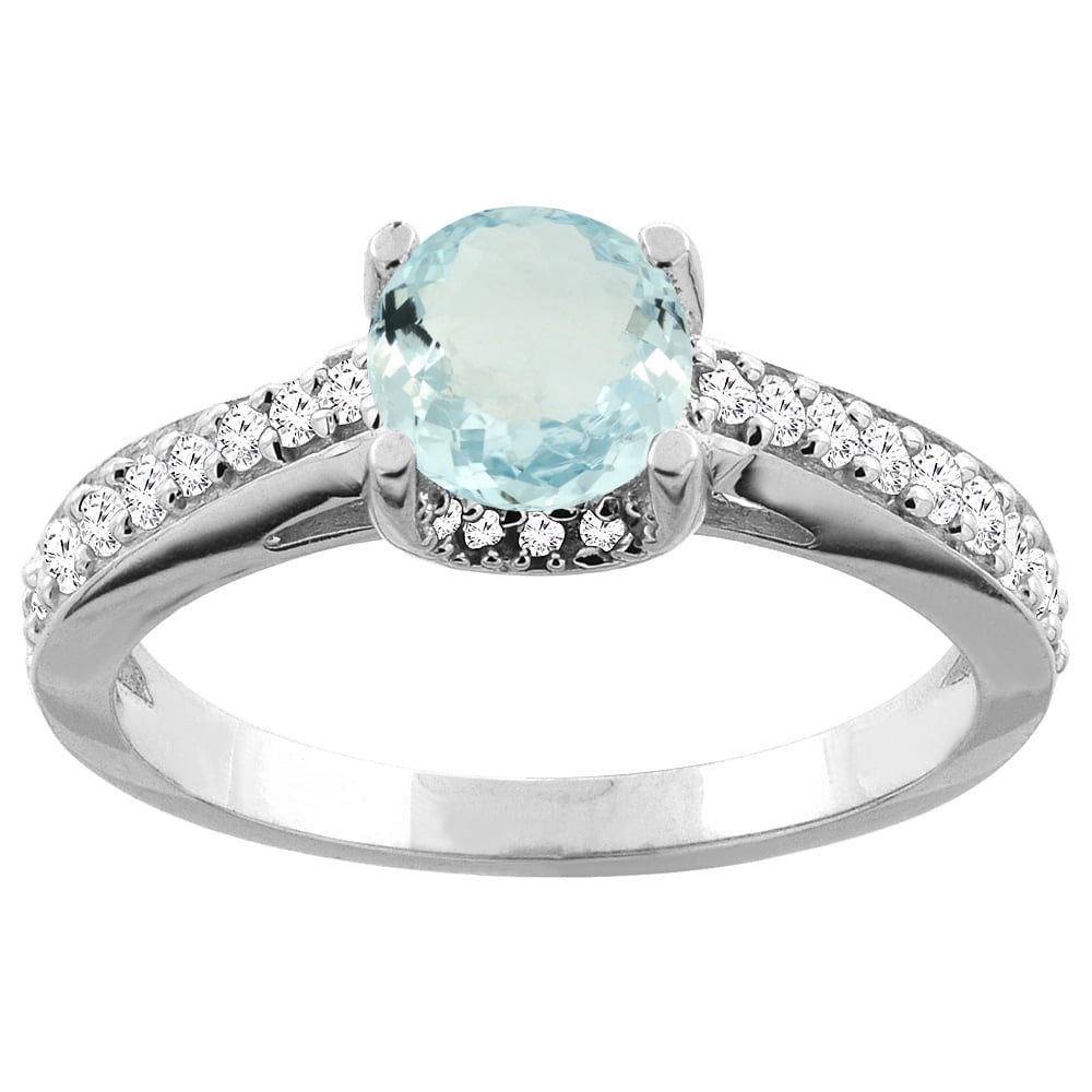 14K White Gold Natural Aquamarine Ring Round 6mm Diamond Accents 1 4 inch wide, size 5 by Gabriella Gold