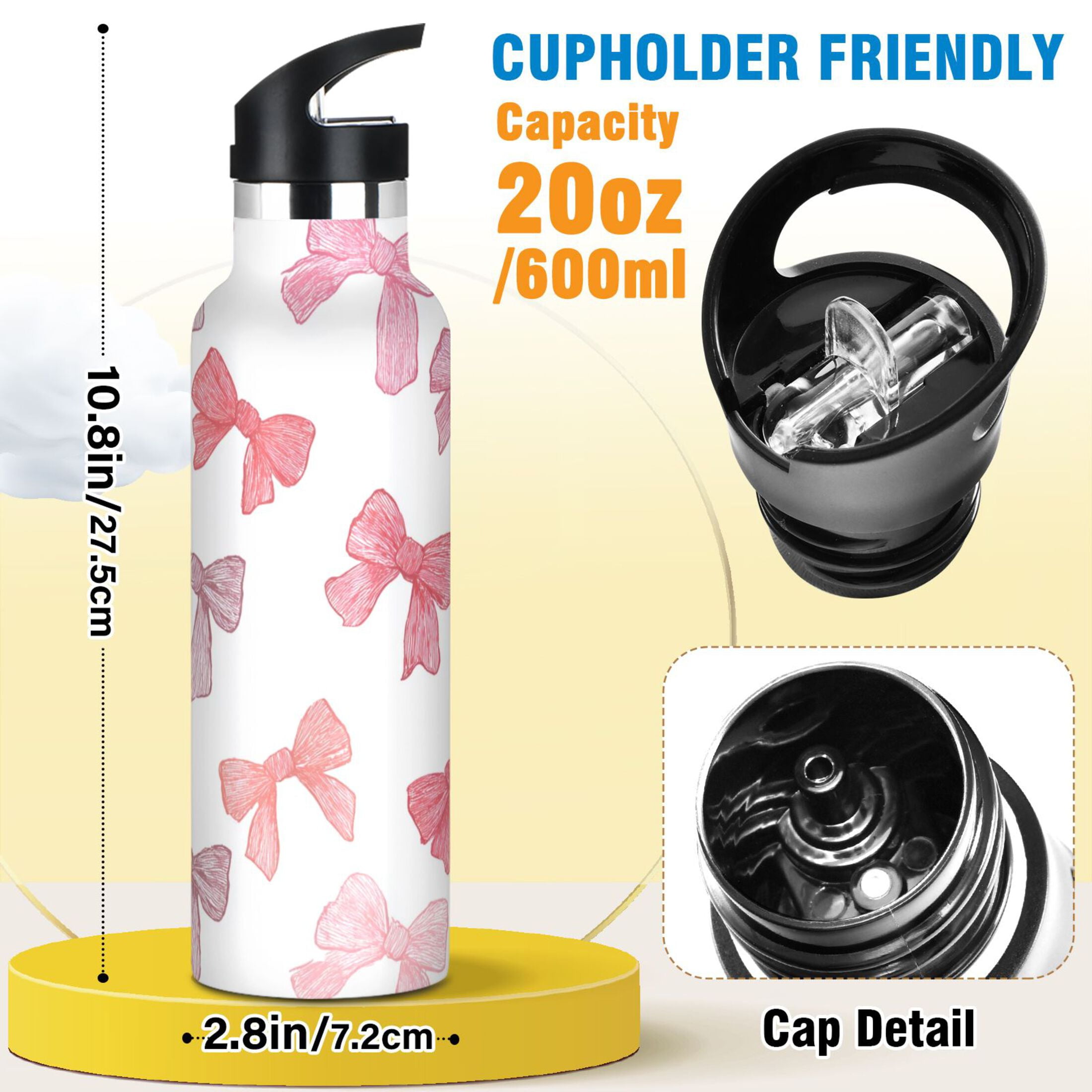 Kids Insulated Stainless Steel Sports Water Bottle 600ml (20oz) Pink Bows Pattern