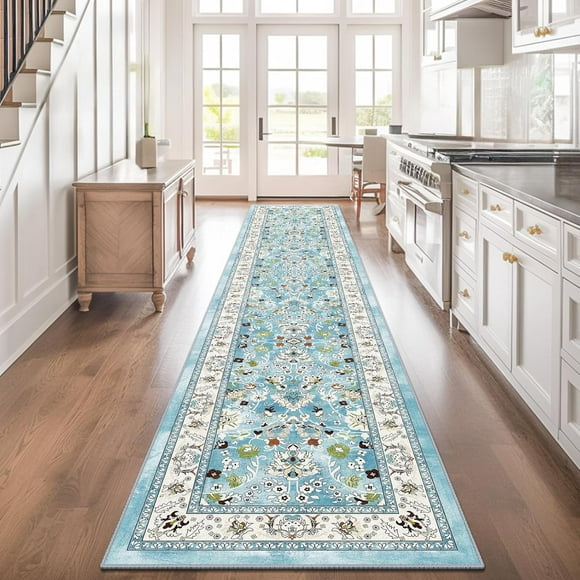 LOKHOM Washable Runner Rug, 2x10 Non-Slip Vintage Farmhouse Hallway Runner Rug with Rubber Backing, Boho Soft Faux Wool Kitchen Runner Rug Carpet Runner for Kitchen Laundry Entryway Bedroom (Teal)