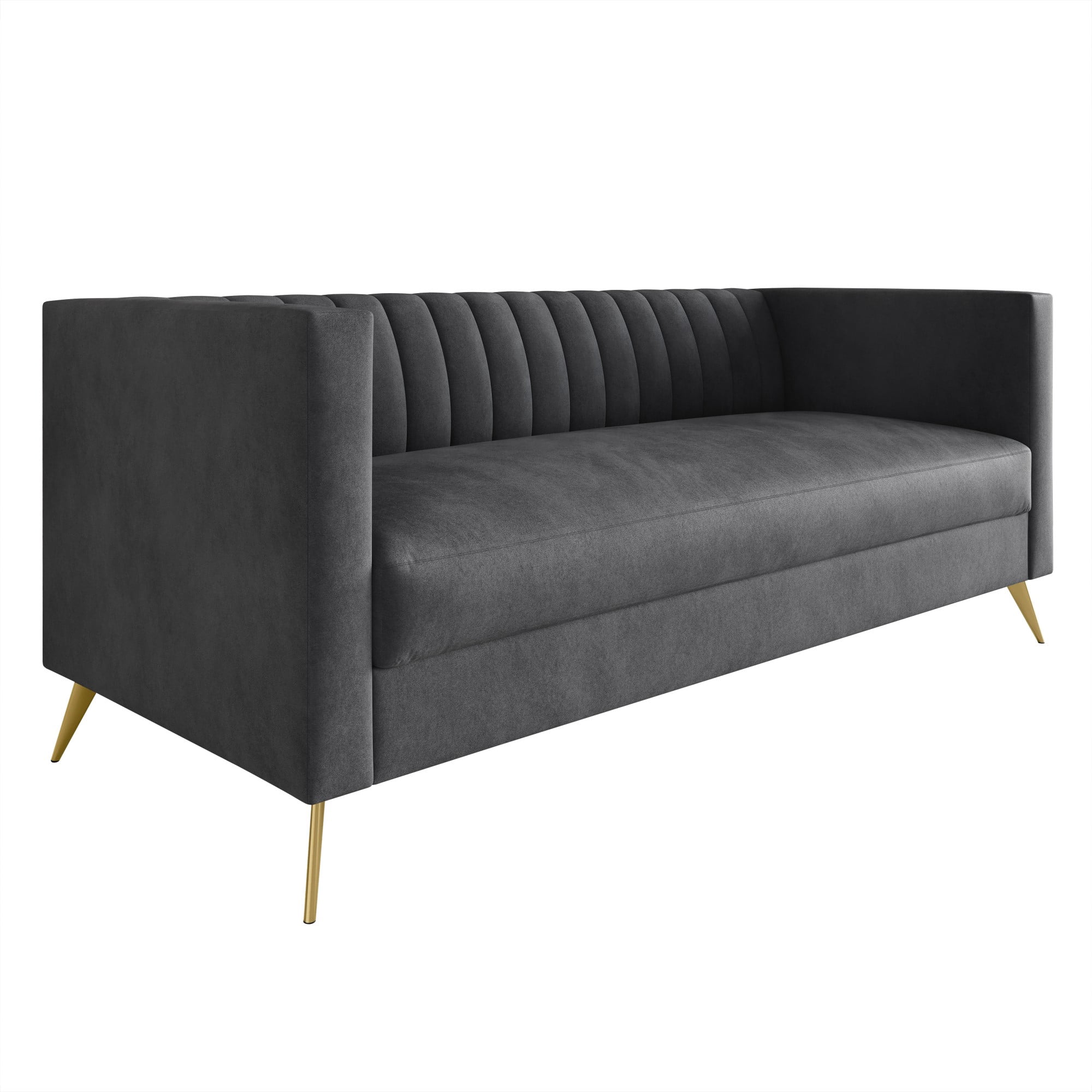 Home Design Weiss Velvet Square Arm Sofa with Channel-Tufted Back and Gold Metal Legs, Modern Upholstered Living Room Seating, Dark Gray