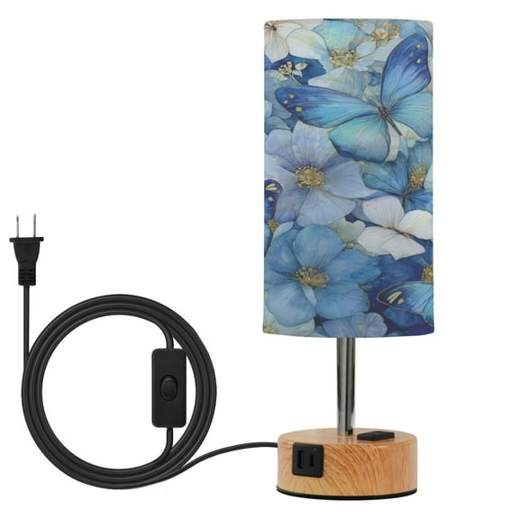 Wobogo Pale Blue Butterfly Bedside Lamp Touch Control Table Lamp with USB A C Charging Ports & AC Outlet 3-Way Dimmable Nightstand Lamp with Linen Fabric Shade for Bedroom Living Room