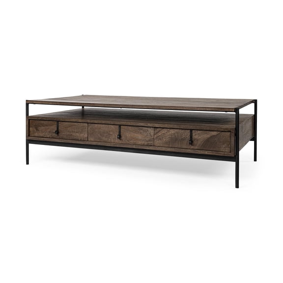 Glenn II Dark Brown Wood Black Iron Frame Rectangle 3 Drawers Coffee Table