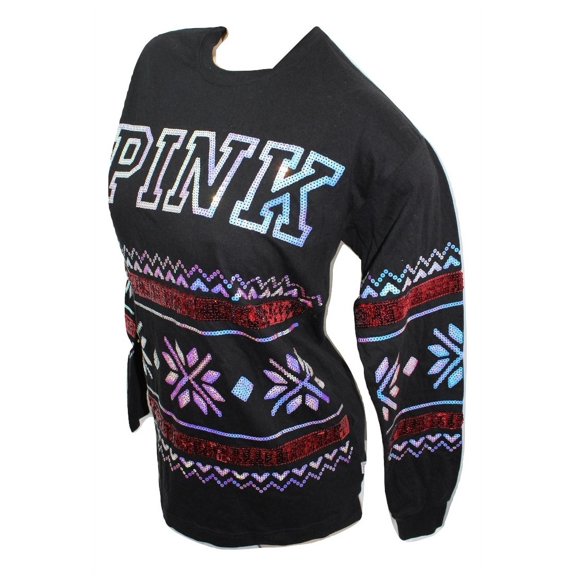 Victoria's Secret Pink Bling Campus Tee, Holiday Black Fair Isle XSmall NWT