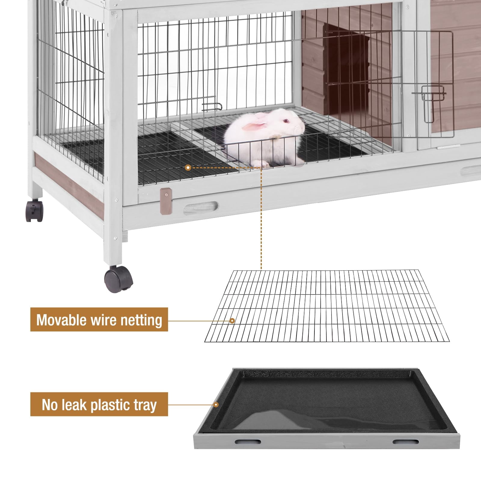 Aivituvin Rabbit Hutch with Wheels for Indoor Outdoor, Wooden Rabbit Cage with Removable Wire Netting & Leak Proof Tray, Mobile Bunny Cage, Brown