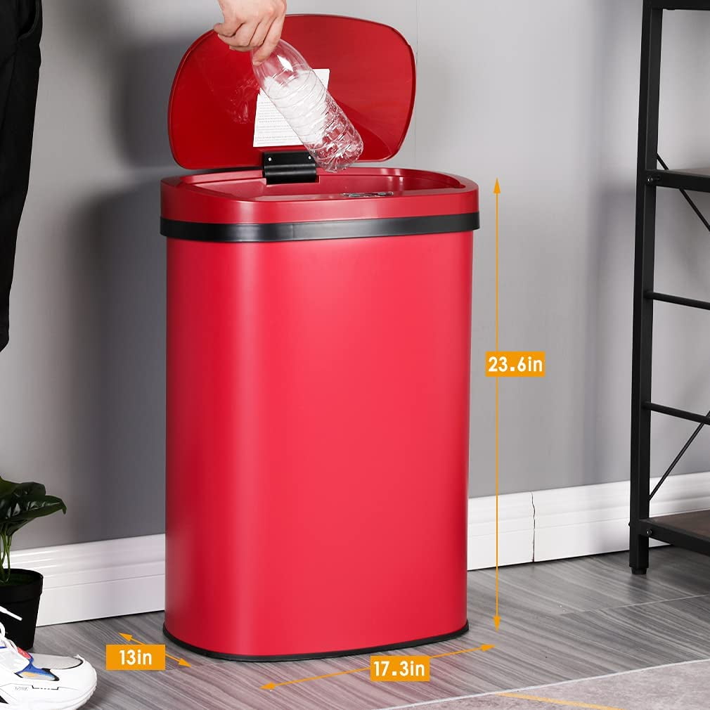 HGS 13 Gallon Touchless Trash Can, Red, Stainless Steel