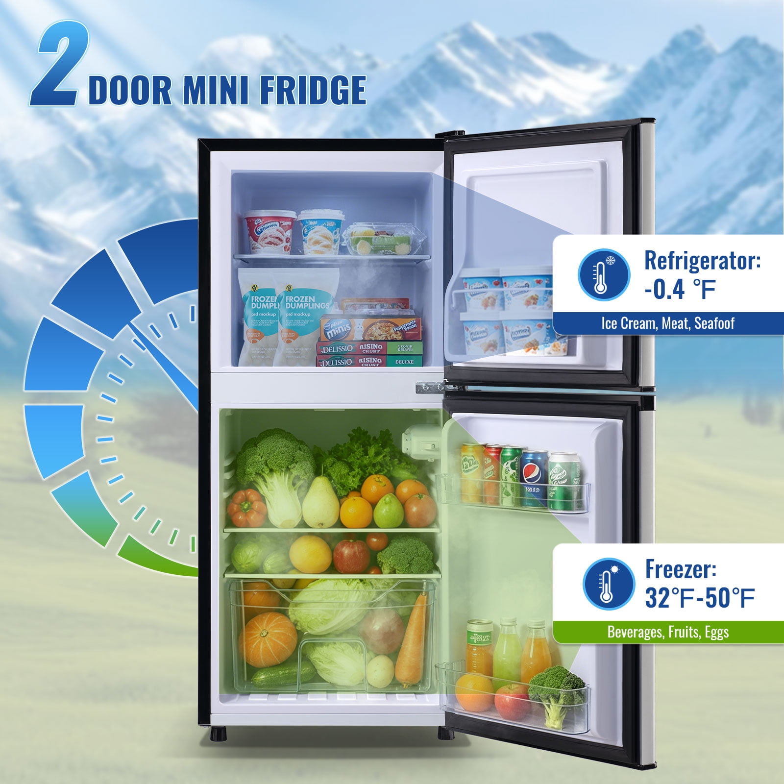DEMULLER 4.0 Cu.ft Mini Refrigerator with freezer Small Fridge Double Door Adjustable Temperature New Silver