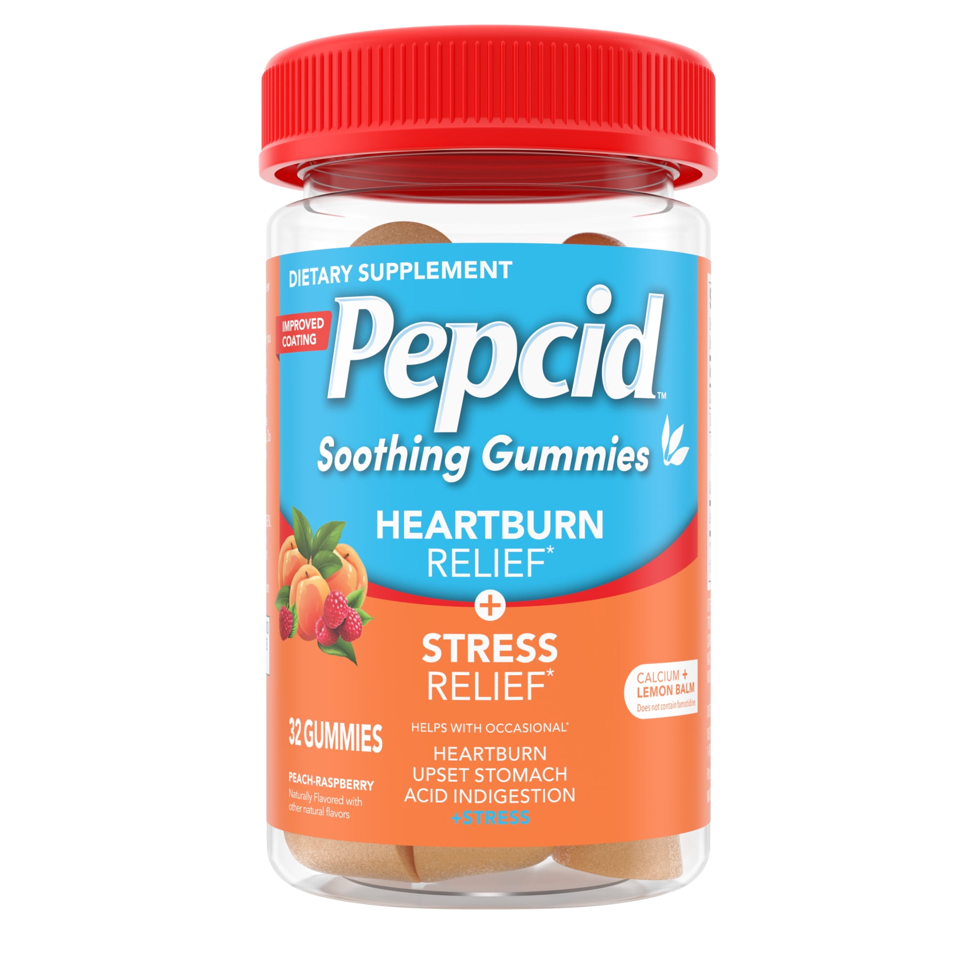 Pepcid Soothing Gummies for Stress & Heartburn Relief, Peach-Raspberry, 32 Count
