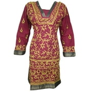 Mogul Womans Dress Kurta Maroon Floral Embroidered Cotton Tunic Kurti Dresses